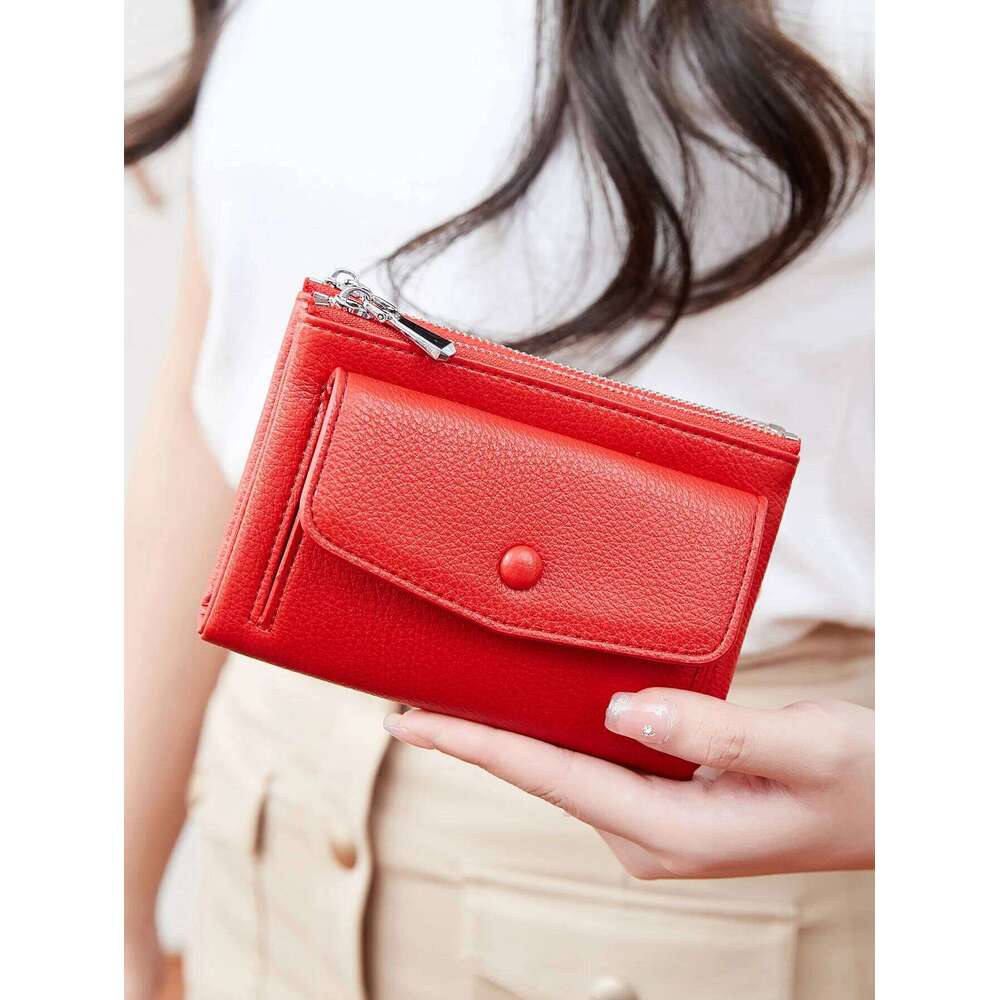 Women's PU leather short double zippered wallet simple solid color large capacity credit card holder bag with coin pocket Y260206