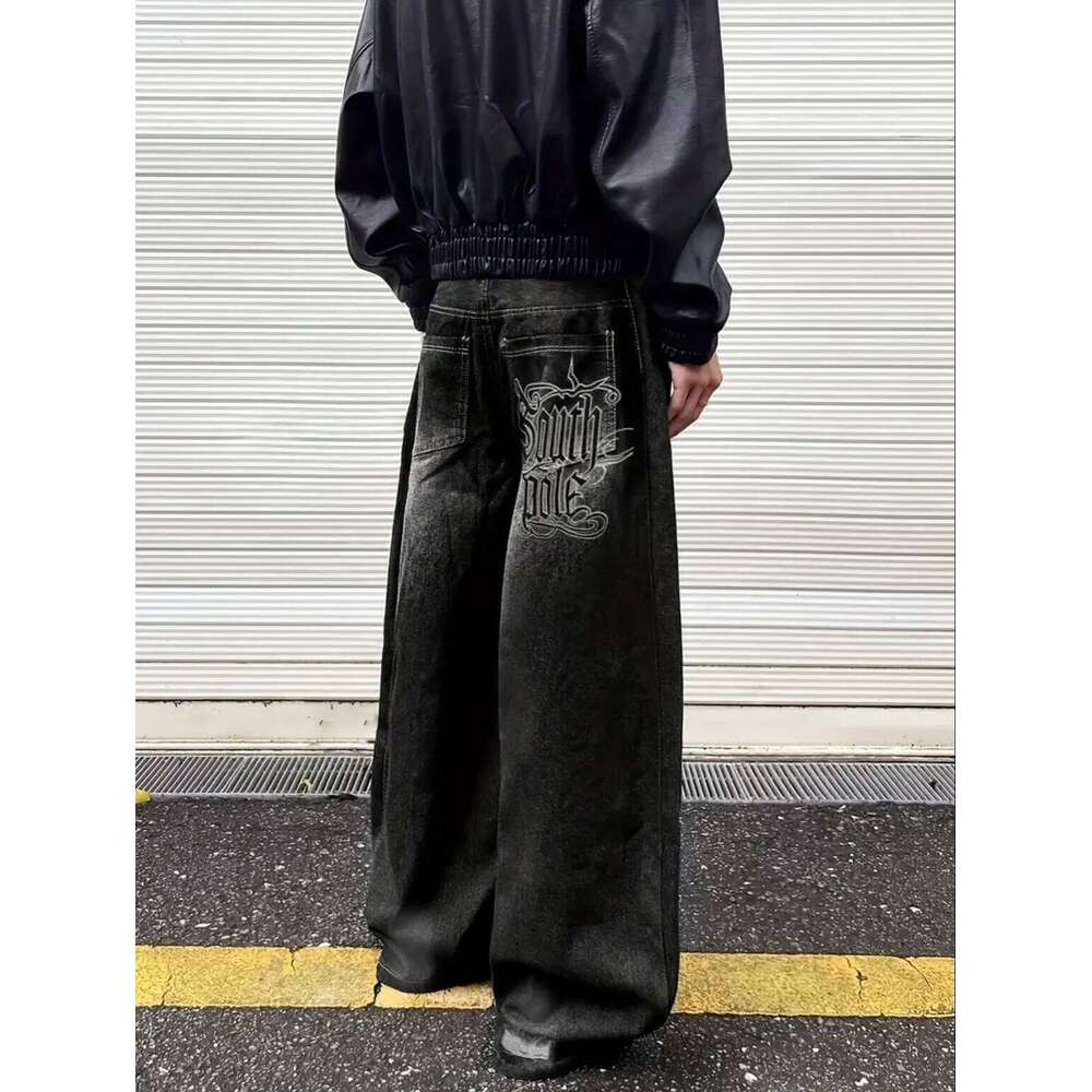 Y2K Gothic Aesthetic Baggy Jeans Men Women South Pole Embroidered Vintage Denim Pants, Techwear Streetwear Wide Leg Trousers 26H0421 - view 4