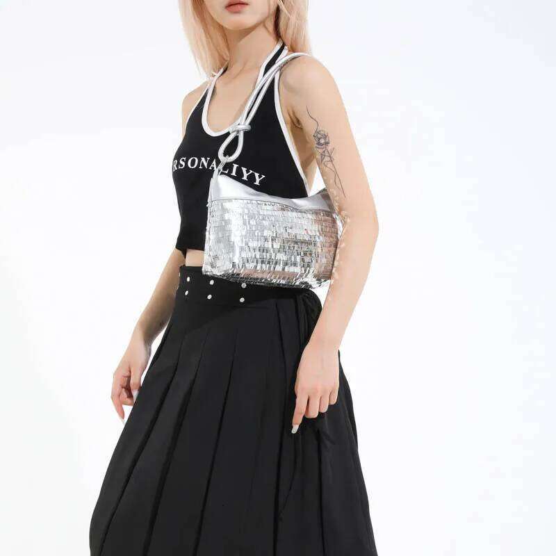Casual Sequined Patchwork Women Shoulder Bags Simple Versatile Ladies Commuter Handbags Solid Color Cool Girl Underarm Bag Purse Y260205