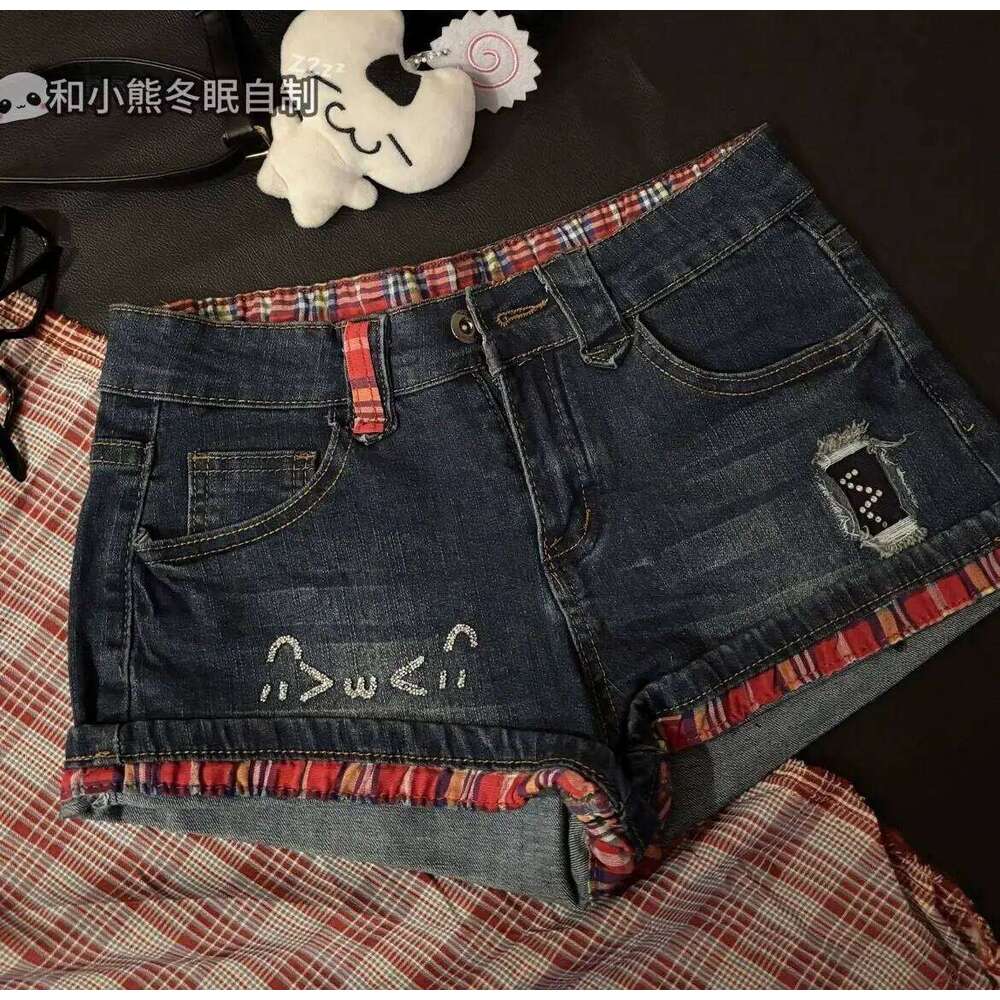 Y2K Aesthetic Retro Low Waisted Denim Shorts Women's Subculture Cute Cat Pattern Jeans Hot Girl 2000s Clubwear Streetwear XJ260206