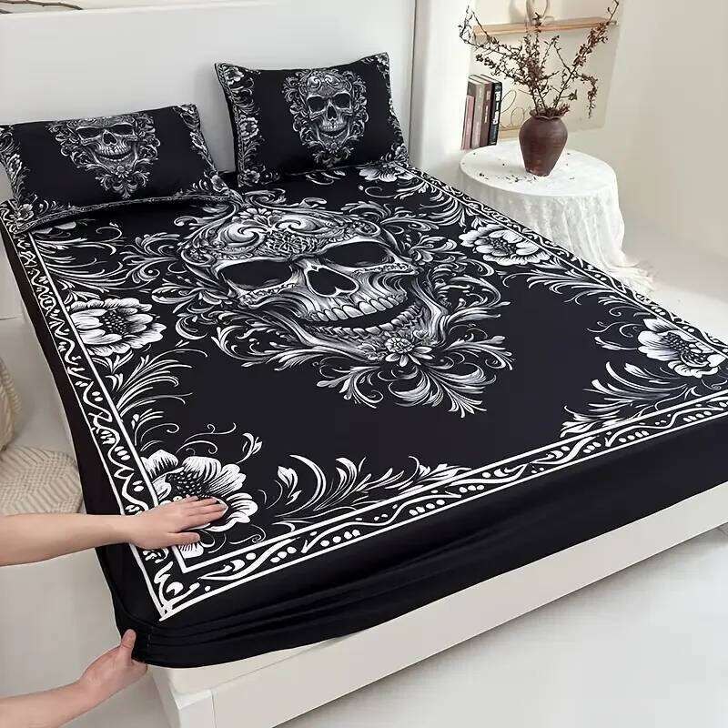 3pcs Black White Gothic Skull Fitted Sheet Set 3D Printed Mattress Covers Soft Breathable With 2 Pillowcases for Adults Bedroom XJ260206