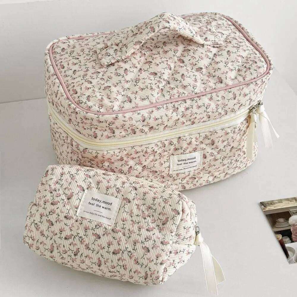 Cosmetic Organizer Corduroy Pink Floral Sweet Makeup Pouch Ins Style Skincare Clutch Toiletry Bag Washbag Y260206