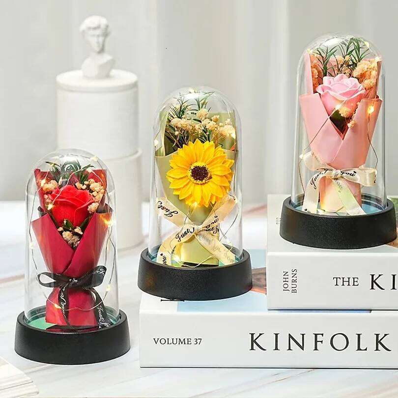 Everlasting Rose LED Glass Dome Bouquet Illuminated Ornament Perfect Valentine's Day Christmas Home Decor Romantic Gift S260204