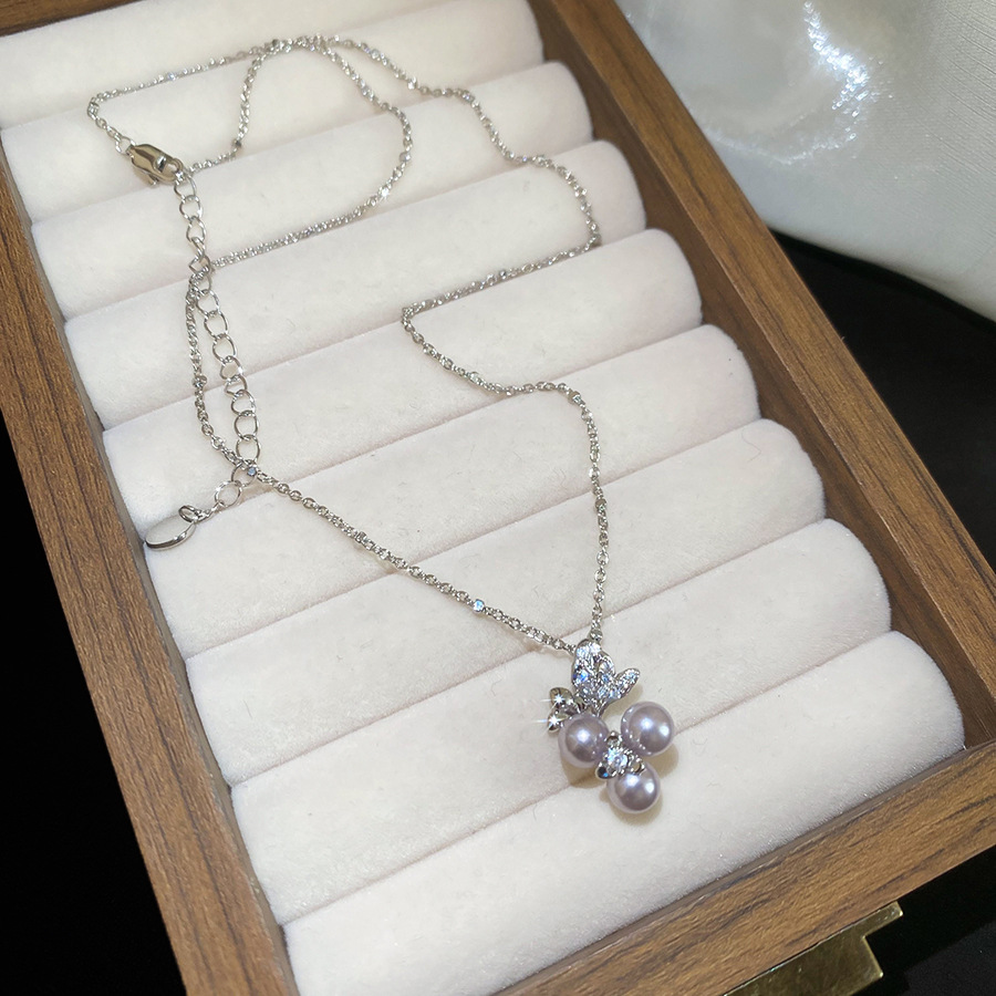 French-style zircon flower pearl earrings and necklace, vintage elegant jewelry set, light luxury high-end accessories for women - view 4