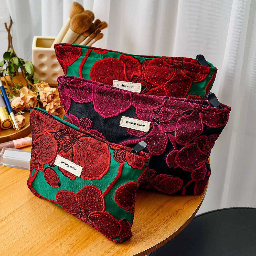 Red Flower Fashion Canvas Women Cosmetic Handbag Travel Organizer Toiletry Makeup Pouch Ladies Make Up Bag For Gift Y260206