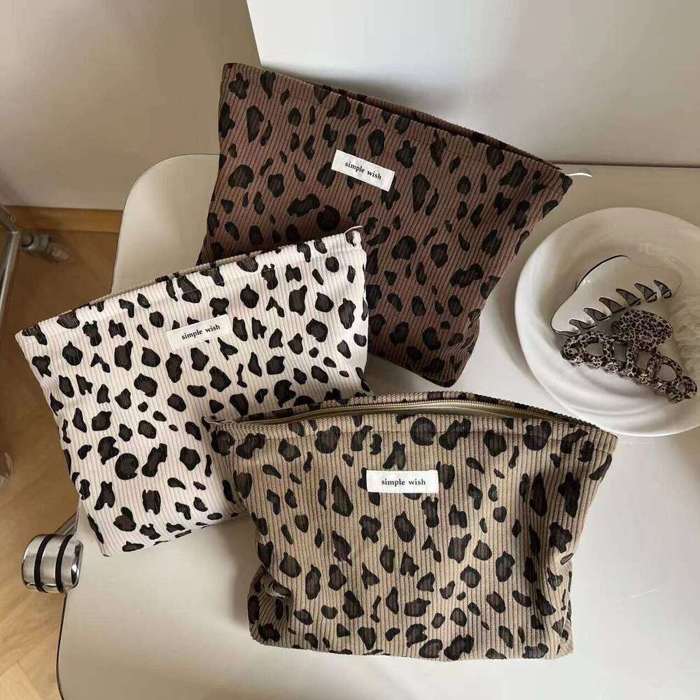 Corduroy Retro Leopard Pattern Makeup Lipstick Cosmetic Organizer Zipper Travel Washing and Storage Bag for Women Y260206