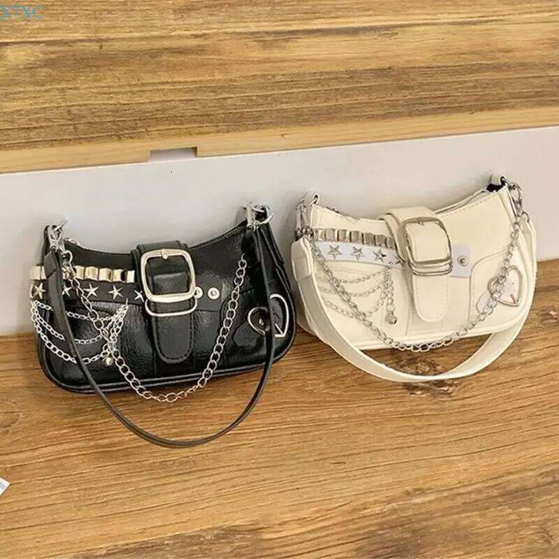 X7XC Women Punk Underarm Handbag with Metal Chain Grunge Star Rivets Single Shoulder Bag Small Armpit Purse for Everyday Wear Y260205