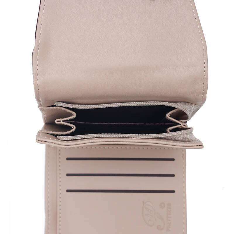 New style women's short purse, fashionable and versatile, PU checkered three-fold bag with personalized leaf pendant, student co Y260206