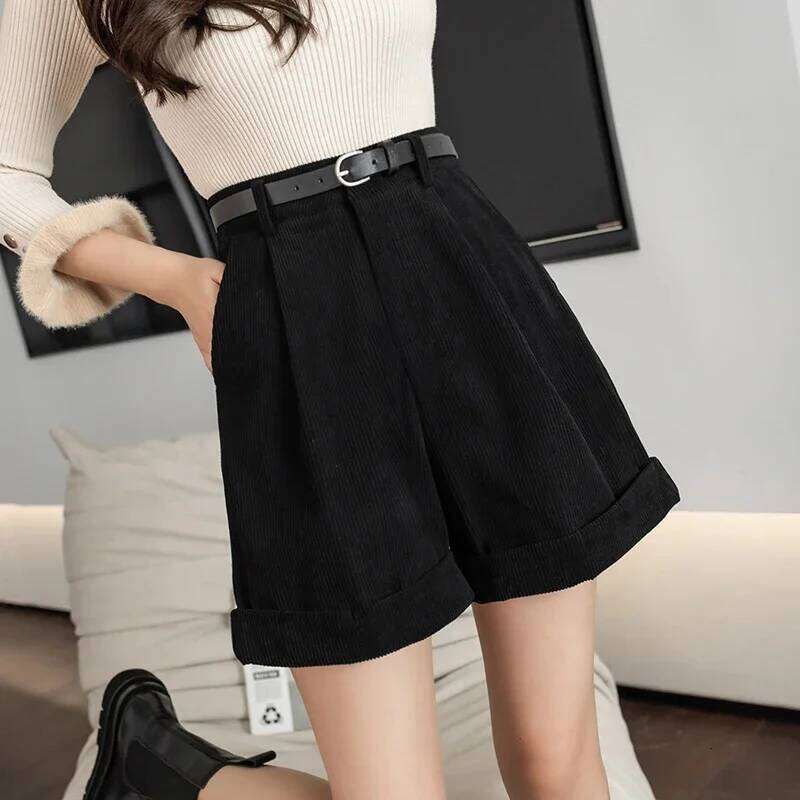 Streetwear Winter Corduroy Women Casual Loose Wide Leg Woolen Shorts With Belt High Waist Short Femme Black Khaki Brown XJ260206