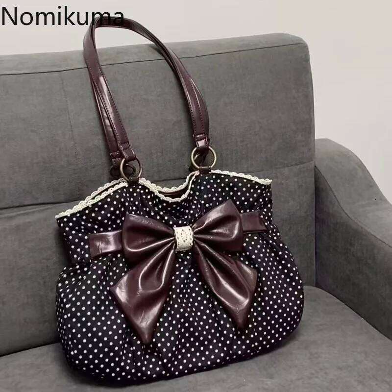 Chic Polka Tote Casual Commuting Vintage Women Handbags Shoulder Versatile Large Capacity Dot Design Bow Sweet Bag Y260205