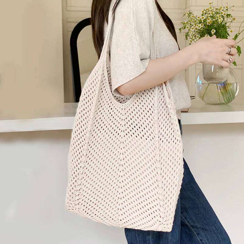 Women Crochet Tote Candy Fashion Knitted Large Capacity Woven Shoulder Bags Solid Color Simple Shopping Bag for Summer Beach Y260204