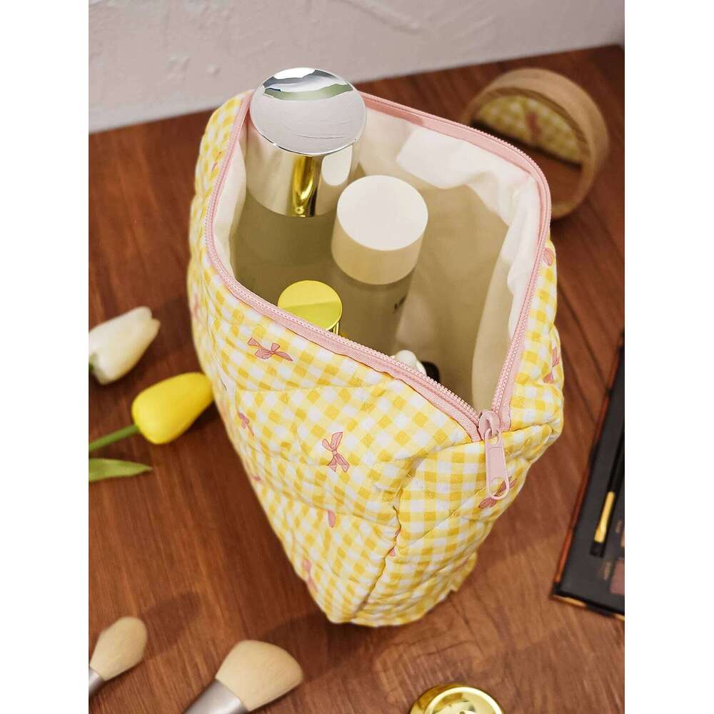 1pc/set Yellow Plaid Quilted Cute Bowknot Bag, Portable Toiletry Set with Zipper, Handheld Makeup Bag Y260206