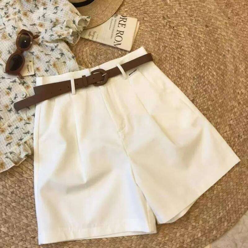 New Chic Fashion Office Lady's With Belt Elegant Women's Straight Korean Matching Basic Female Wide Leg Shorts XJ260206