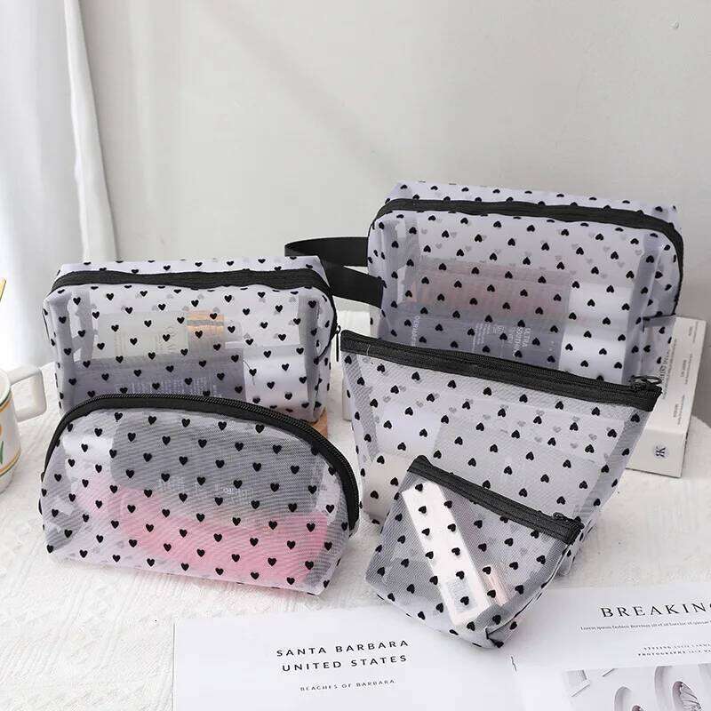 New Transparent Heart Mesh Makeup Portable Nylon Women Make Up Tool Storage Pouch Travel Organizer Cosmetic Clear Zipper Bag Y260206