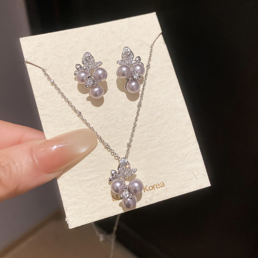 French-style zircon flower pearl earrings and necklace, vintage elegant jewelry set, light luxury high-end accessories for women - view 8