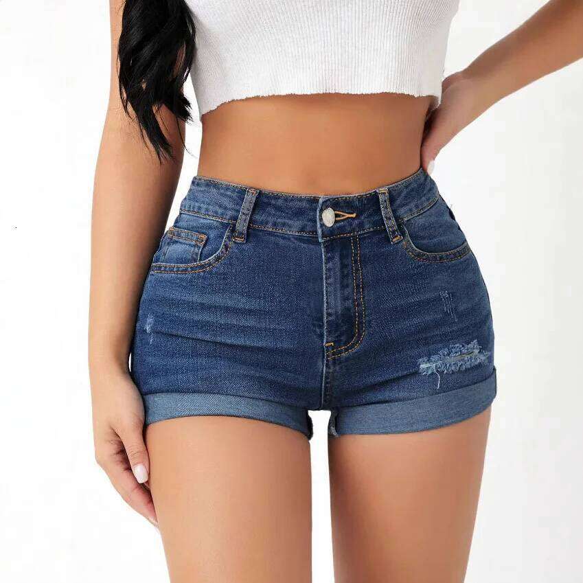 Women Summer Denim Shorts High Waist Stretch Ripped Hole Skinny Pockets Jeans Short Pants XJ260206