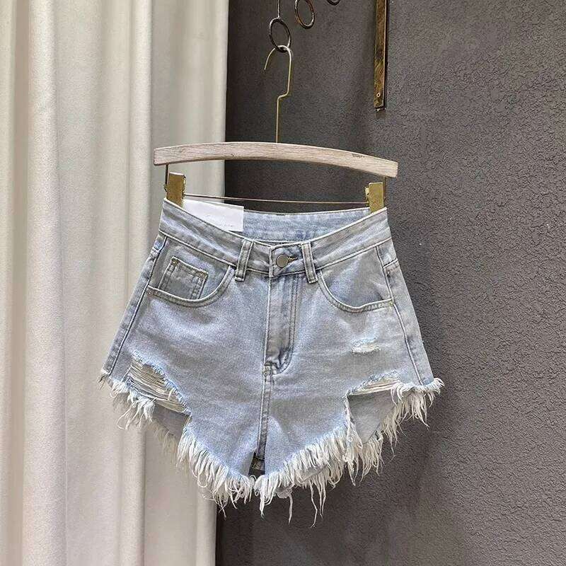 Summer New Rough Edge Ripped Low Waist Denim Women's Fringed A-word Jeans Wide Leg Hot Pants Booty Shorts XJ260206