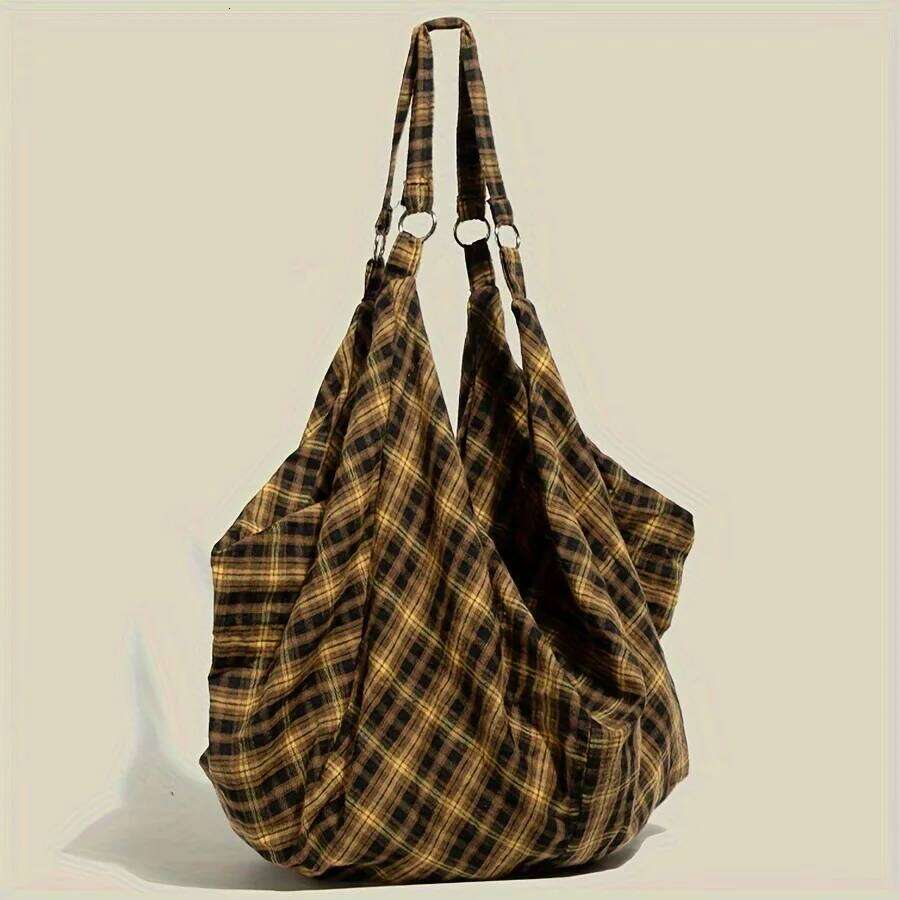 Vintage Plaid Canvas Tote Women LargeCapacity Korean Fashion Travel Shoulder Bag forWork Shopping Aesthetic Designer Y260205