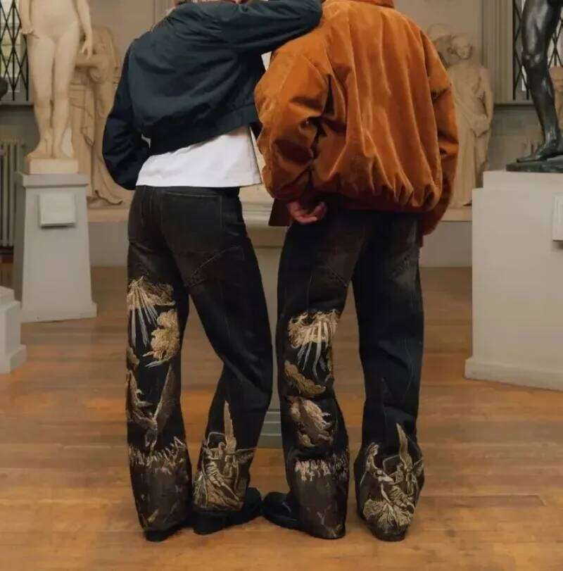 American loose personalized bat pattern print Y2K lazy jeans casual straight pants Harajuku retro street wear X260207