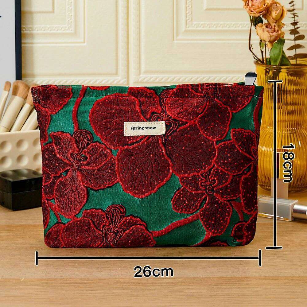 Red Flower Fashion Canvas Women Cosmetic Handbag Travel Organizer Toiletry Makeup Pouch Ladies Make Up Bag For Gift Y260206