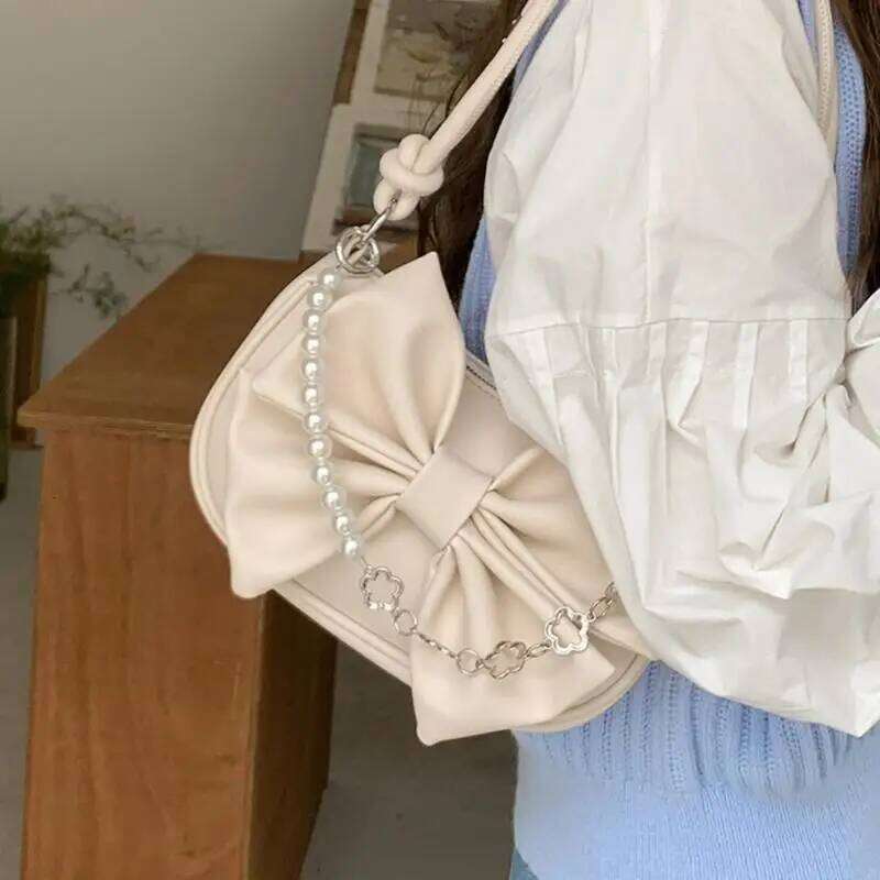 Q1QA Women Bags Pearl Chain Shoulder Bowknot Underarm Bag PU Leather Handbag Y260205