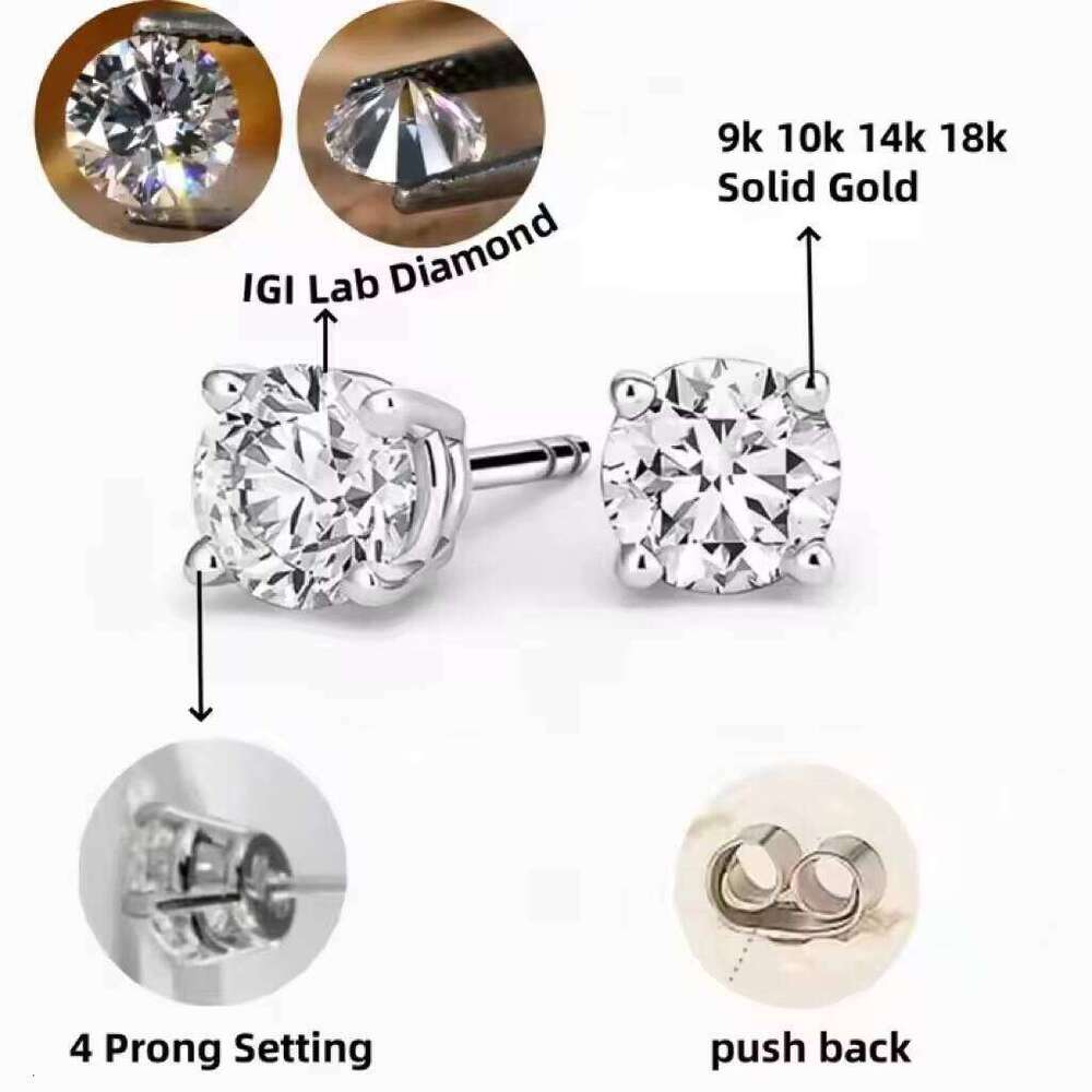 Custom Carats Shapes IGI Certified Studs Wholesale 9K 10K 14K 18K Solid Gold Lab Grown Diamond Earrings