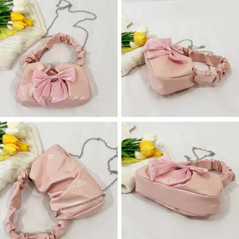 French Sweet Bow Pleated Strap Shoulder Bags for Women Versatile Ladies Chain Crossbody Bag Solid Color Female Pu Handbag Purse Y260205