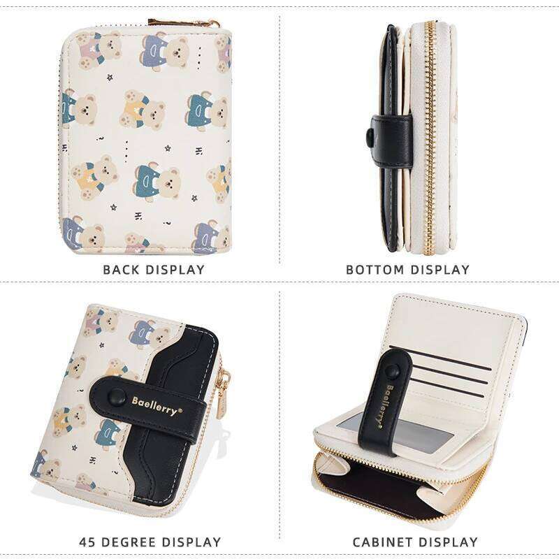 New Women'S Short Wallet Bear Print Multi-Slot Zipper Coin Purse Card Holder Bag Y260206