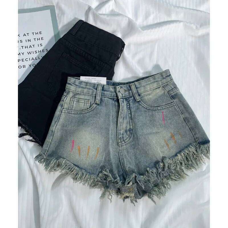 Women's painted graffiti denim shorts for summer, thin, high waisted, A-line with fringed edges, slim and wide leg pants, trendy XJ260206