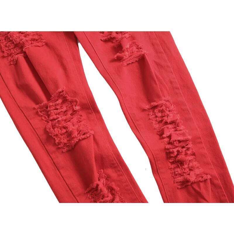 Red Men's Stretch Jeans, Featuring A Distinctive Multi-ripped Design and Elastic Fabric, Showcase Individual Style Denim Pants. X260207