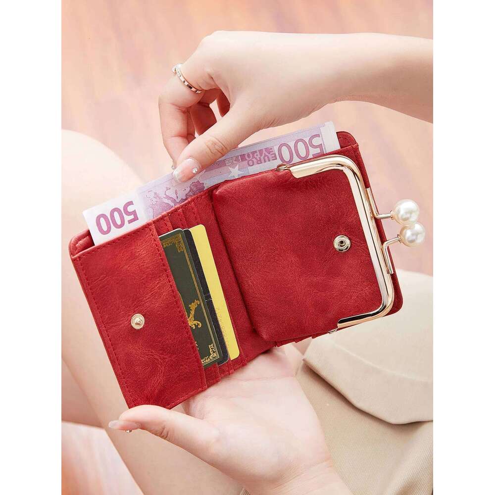 Women's Short Compact Three Layer LargeCapacity Retro Pearl Wallet High QualityPU Leather Multi Card Seat/Coin ZeroWallet Y260206