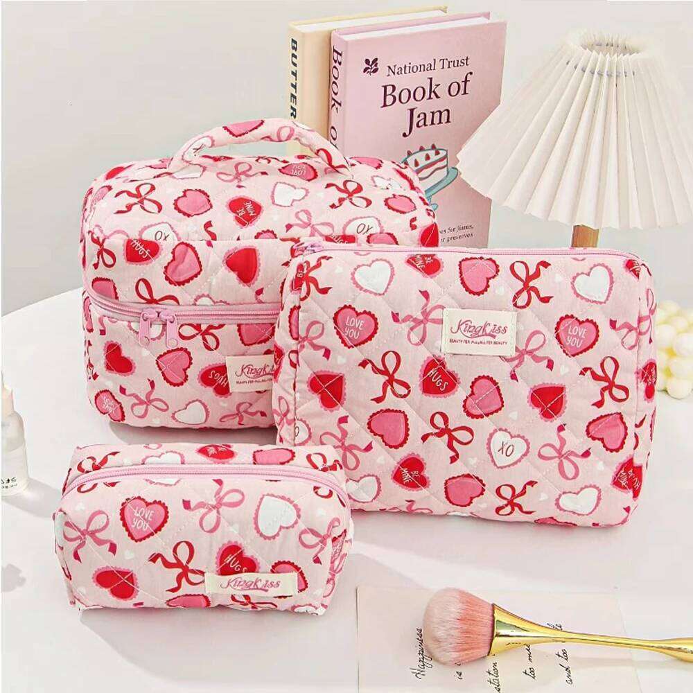 Fashion Cherry And Bow Pattern Large Capacity Heart Travel Cosmetic Storage Bag Zipper Makeup Organizer Pouch Y260206