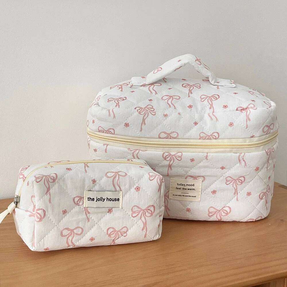 New Fashion Bowknot Women Quilted Makeup Bag Portable Tote Cosmetic Toiletry Storage Pouch Handbag Flower Cotton Zipper Bags Y260206