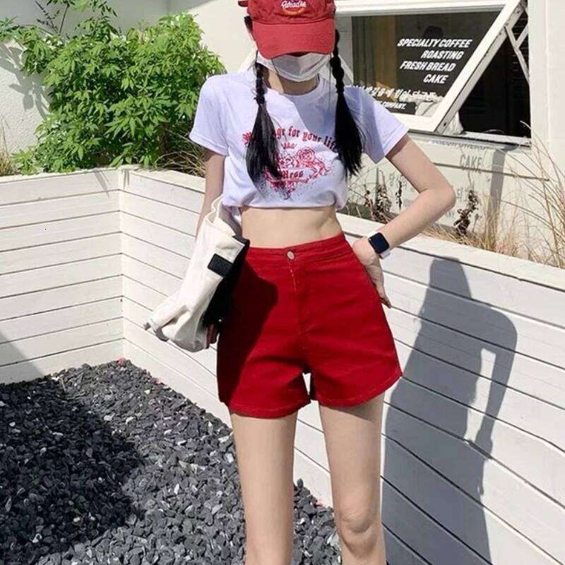Red Denim Shorts Women Summer Leisure Simple High Waist Hot Sweet Ulzzang Students Harajuku Y2k Korean Style All-match Fashion XJ260206