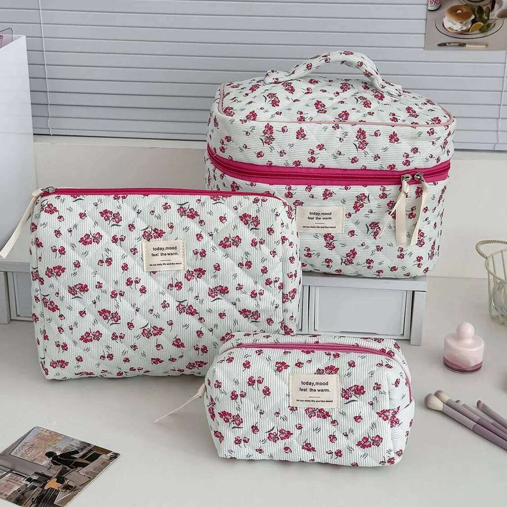 3 Set Red Floral Tote Women's Large Capacity Cosmetic Storage Clutch Ladies Corduroy Pouch Makeup Bag Y260206