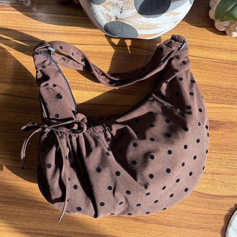 Simple Polka Dot Bowknot Decoration Corduroy Women's Shoulder Bags Large Capacity Female Handbag Versatile Ladies Messenger Bag Y260205