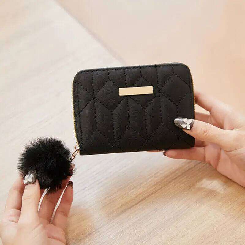 Bifold Purse Compact Size Pompom Ball Small Wallet Genuine Leather Credit Card Holder For Travel Accessory Daily Use Y260206