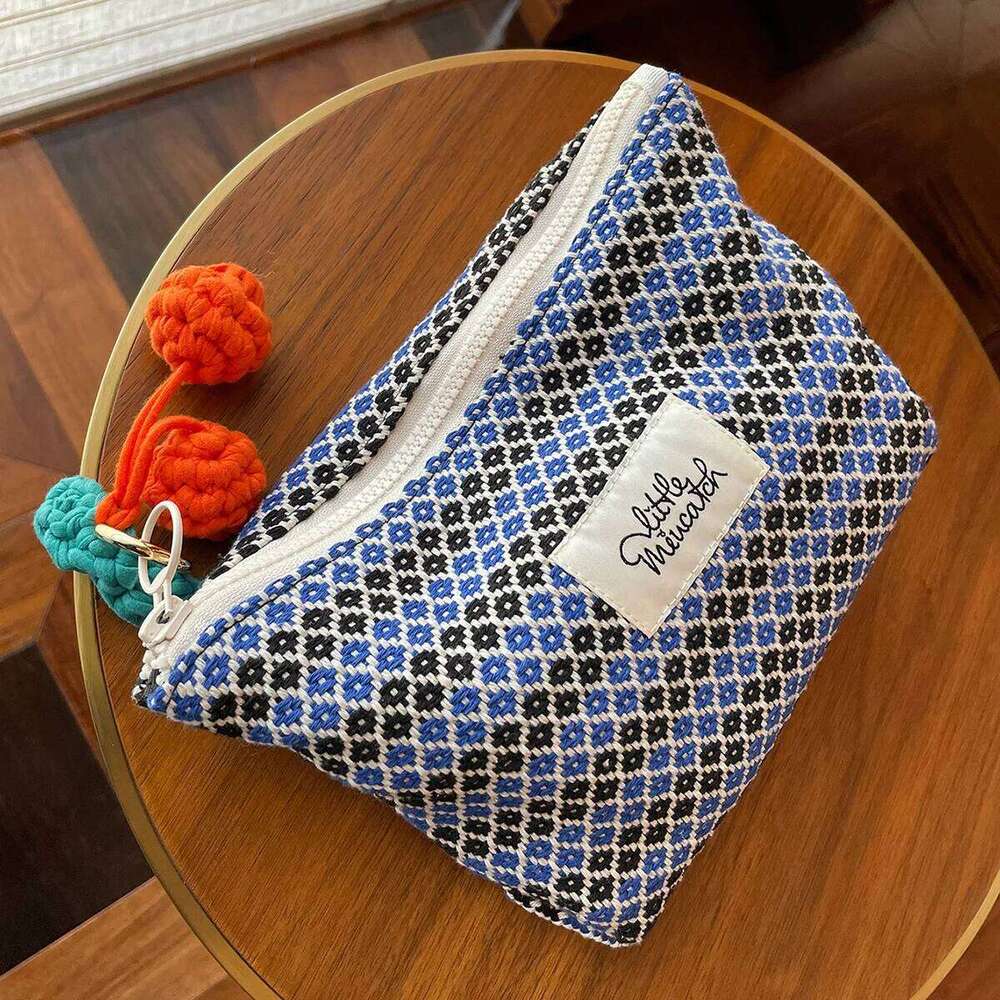 Blue Cherry Hangings Cosmetic Geometric Pattern Make Up Letter Patch Decor Makeup Bag Large Capacity Handbag Y260206