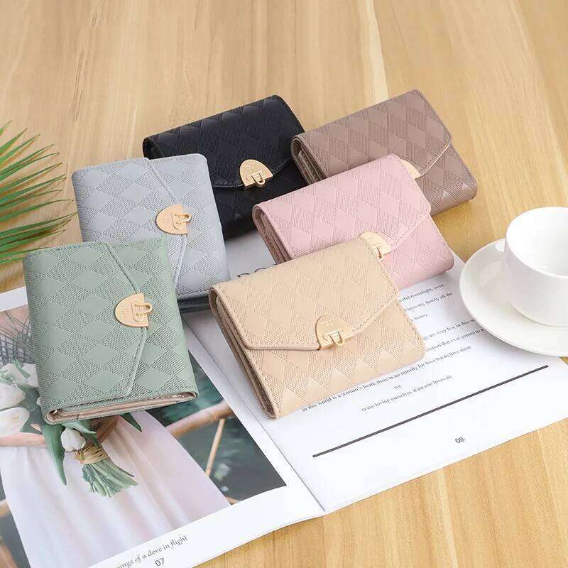 New women's short wallet high quality PU simple fashion hardware buckle three-fold bag multiple card slots student zipper coin p Y260206