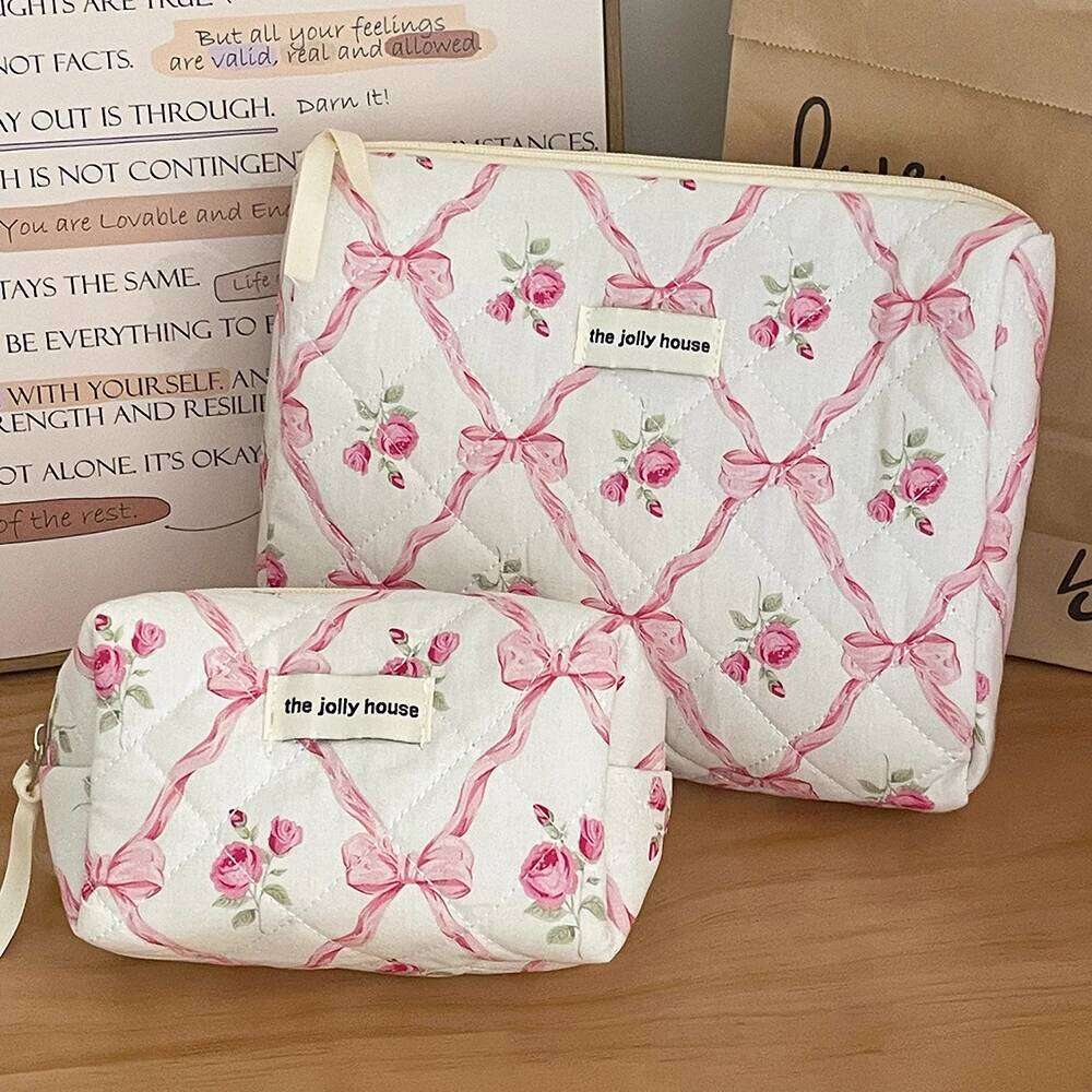 New Cute Bow Knot Zipper Cosmetic Bags Mini Tote Women Makeup Toiletry Storage Pouch Handbag Ladies Large Capacity Quilting Bag Y260206