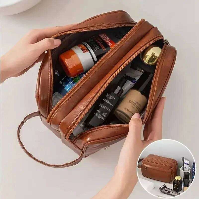 Travel Toiletry Bag Large Shaving Dopp Kit Water-resistant Bathroom Toiletries Organizer PU Leather Cosmetic Bags Men Women Y260206