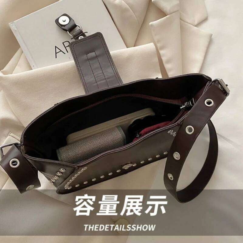 Vintage Rivet Thread Design Shoulder Bags for Women Versatile Ladies Pu Leather Crossbody Bag Solid Color Female Handbags Zipper Y260205