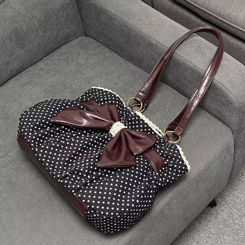Vintage Y2k Aesthetic Dot Women's Handbag Casual Chic Bow Office Lady Shoulder Bags All Match Streetwear Trendy Ins Underarm Bag Y260204
