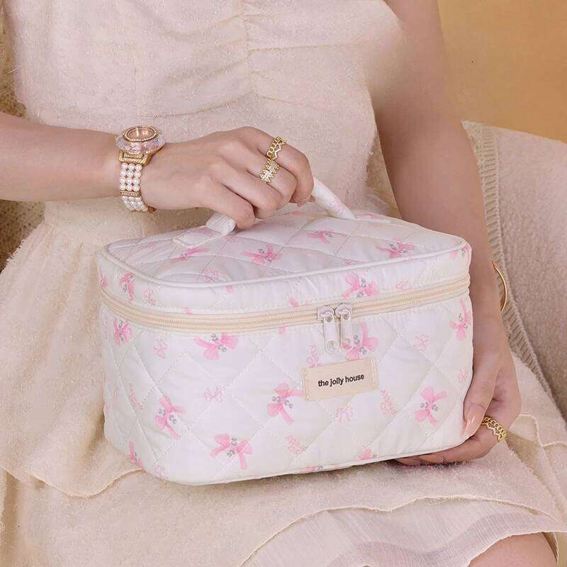 Women's cotton makeup cute bow Cosmetic Bag girl's large-capacity skin care product storage portable travel toiletry bag Y260206