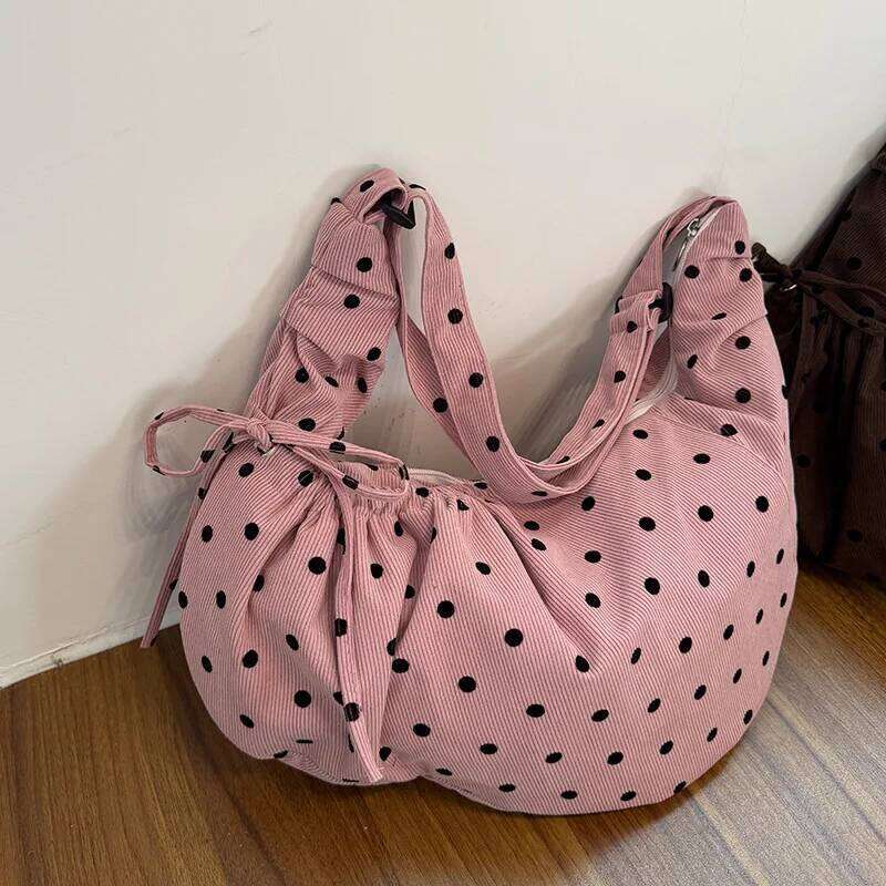 Simple Polka Dot Bowknot Decoration Corduroy Women's Shoulder Bags Large Capacity Female Handbag Versatile Ladies Messenger Bag Y260205