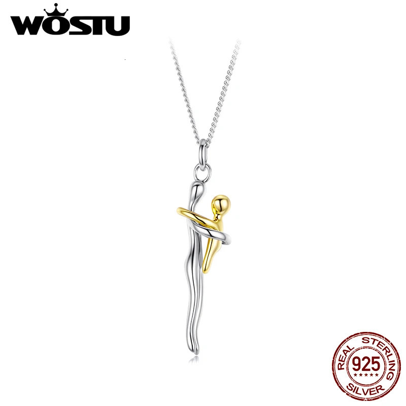 WOSTU Real 925 Sterling Silver Hug Embrace Pendant Necklace Silver Gold Two-tone Mom Child Pendant Family Gift Mom Jewelry 260124