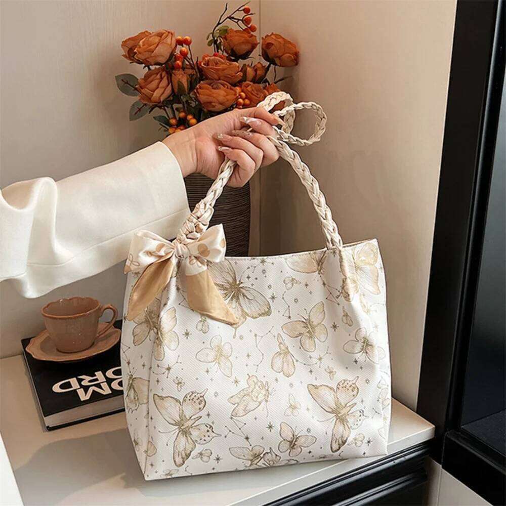 Summer Large Capacity Shoulder Bag Butterfly Print Casual Tote Bags Fashionable Student Commuter Handbag with Ribbon 2025 New Y260205