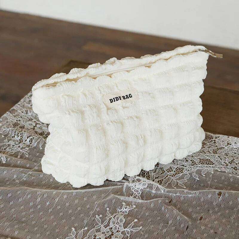 Beige Soft Cloud Bubble Women's Makeup Double Canvas Portable Cosmetics Storage Large Capacity Zipper Toiletry Bag Y260206