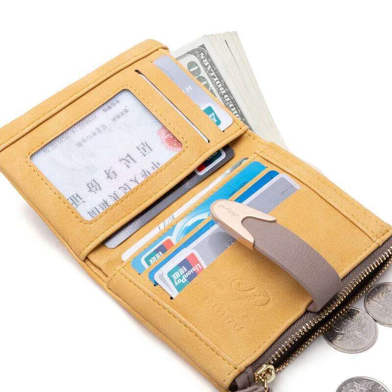 PU leather short small with buckle folding zipper, student coin purse, square matte portable hand-held wallet Y260206