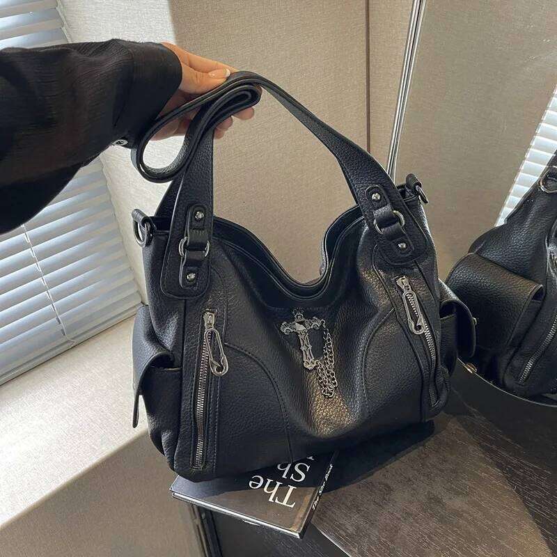 FLYING STARS Brand Tote Hardware Cross Women's Y2K Handbag Vintage PU Leather Large Capacity Women Shoulder Bag Y260205